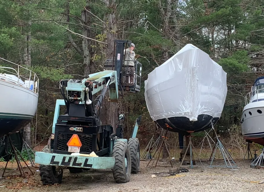 Shrink-wrapped boat and yard lift